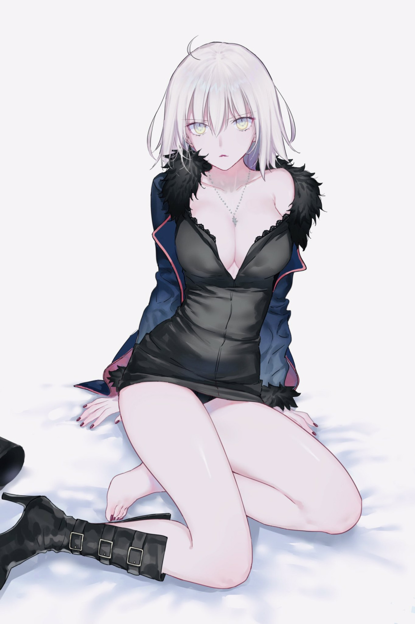 1girl ahoge arm_support black_panties boots breasts cleavage collarbone fate/grand_order fate_(series) footwear_removed fur-trimmed_collar hair_between_eyes highres jeanne_d'arc_(alter)_(fate) jeanne_d'arc_(fate)_(all) jewelry medium_breasts nail_polish necklace nipi27 panties pantyshot pantyshot_(sitting) red_nails short_hair single_boot sitting solo underwear white_background white_hair yellow_eyes