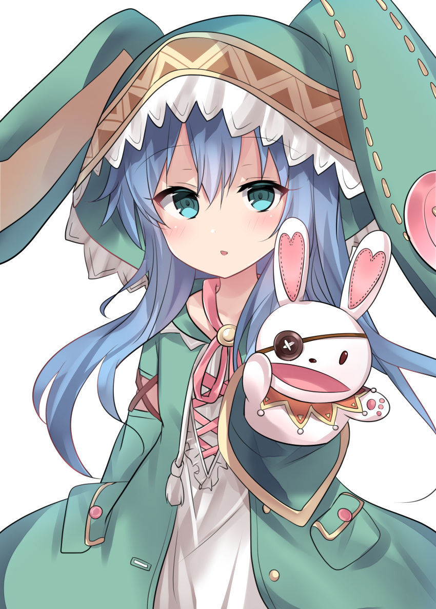 1girl absurdres animal_ears animal_hood aqua_eyes bangs blue_hair blush bunny_hood commentary_request date_a_live drawstring dress eyebrows_visible_through_hair eyepatch green_jacket hair_between_eyes hand_puppet heart highres hood hood_up hooded_jacket jacket long_hair long_sleeves looking_at_viewer natsu_(sinker8c) open_clothes open_jacket parted_lips puppet rabbit_ears simple_background solo very_long_hair white_background white_dress wide_sleeves yoshino_(date_a_live) yoshinon