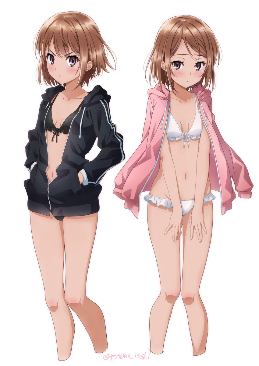 2girls :&lt; artist_name bikini black_bikini blush breasts brown_eyes cropped_legs front-tie_bikini front-tie_top hands_in_pockets highres hood hooded_jacket hoodie jacket jacket_on_shoulders looking_at_viewer multiple_girls navel open_clothes open_jacket original partially_unzipped puma_(hyuma1219) short_hair siblings simple_background sisters small_breasts swimsuit twitter_username v-shaped_eyebrows white_background white_bikini