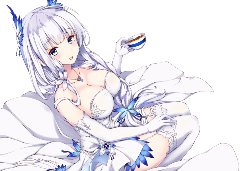 1girl azur_lane blue_eyes breasts cleavage collarbone cup dress elbow_gloves eyebrows_visible_through_hair feathers garter_straps gloves hair_feathers hair_ribbon highres illustrious_(azur_lane) jewelry legs_together long_hair looking_at_viewer mamizu medium_breasts mole mole_under_eye necklace open_mouth ribbon silver_hair simple_background sitting sleeveless sleeveless_dress smile solo teacup thigh-highs white_background white_dress white_gloves white_legwear