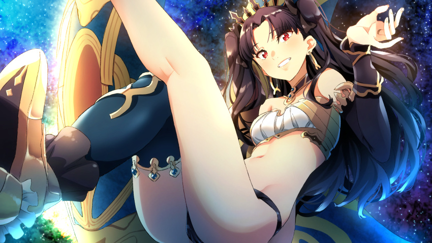 1girl anklet armlet asymmetrical_legwear asymmetrical_sleeves bangs bare_shoulders black_hair blush breasts bridal_gauntlets crown detached_collar earrings elbow_gloves fate/grand_order fate_(series) gloves grin hair_ribbon highres hoop_earrings ishtar_(fate/grand_order) jewelry long_hair long_legs looking_at_viewer medium_breasts navel neck_ring parted_bangs red_eyes redlammy ribbon shoes sidelocks single_elbow_glove single_thighhigh smile solo thigh-highs two_side_up