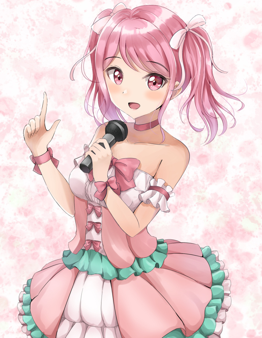 1girl :d bang_dream! bangs bare_shoulders blush bow breasts choker collarbone commentary_request eyebrows_visible_through_hair fingernails frilled_skirt frills hair_bow hands_up highres holding holding_microphone index_finger_raised maruyama_aya microphone open_mouth pink_hair pink_skirt pleated_skirt red_choker red_eyes shirt sidelocks sin_(sin52y) skirt small_breasts smile solo strapless twintails white_bow white_shirt