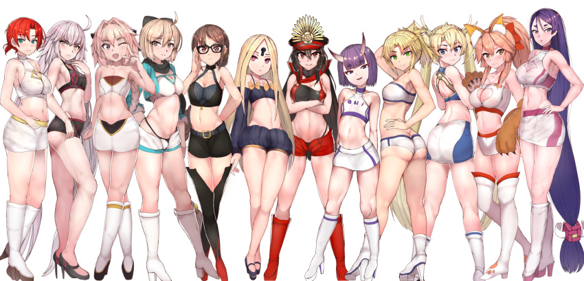 1boy 6+girls abigail_williams_(fate/grand_order) absurdly_long_hair animal_ear_fluff animal_ears arm_up ass astolfo_(fate) bangs bare_arms bare_shoulders black_footwear black_shorts black_sleeves blonde_hair blue_eyes blush boots boudica_(fate/grand_order) bow bradamante_(fate/grand_order) braid breasts brown_eyes butt_crack cleavage cleavage_cutout closed_mouth collarbone commentary_request consort_yu_(fate) covered_nipples crop_top detached_sleeves eyebrows_visible_through_hair fang fate/grand_order fate_(series) fox_ears fox_girl fox_tail from_behind full_body gloves green_eyes hair_between_eyes hair_bow halterneck head_tilt high_heel_boots high_heels high_ponytail highres horns jeanne_d'arc_(alter)_(fate) jeanne_d'arc_(fate)_(all) keyhole knee_boots large_breasts light_brown_hair long_hair long_sleeves looking_at_viewer looking_back medium_breasts midriff minamoto_no_raikou_(fate/grand_order) miniskirt mordred_(fate) mordred_(fate)_(all) multiple_girls navel oda_nobunaga_(fate) odd_one_out okita_souji_(fate) okita_souji_(fate)_(all) one_eye_closed oni oni_horns otoko_no_ko parted_bangs parted_lips paw_gloves paws pink_hair ponytail puffy_long_sleeves puffy_shorts puffy_sleeves purple_hair racequeen red_bow red_eyes shirt shoes short_eyebrows short_shorts shorts shoulder_blades shuten_douji_(fate/grand_order) sidelocks sikijou77o silver_hair simple_background single_braid skirt small_breasts smile tail tamamo_(fate)_(all) tamamo_cat_(fate) thick_eyebrows thigh-highs thigh_boots v very_long_hair violet_eyes white_background white_footwear white_legwear white_shirt white_skirt