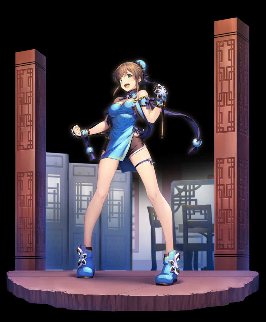 1girl :d absurdres alternate_hairstyle ankle_boots architecture arm_guards armband armor bangs bare_shoulders black_background black_shorts blue_dress blue_eyes blue_footwear boots breasts brown_hair bun_cover chair chinese_clothes clenched_hands dress east_asian_architecture fighting_stance frills full_body highres idolmaster idolmaster_million_live! legs_apart medium_breasts nanaran open_mouth pavement pelvic_curtain pillar purple_ribbon ribbon satake_minako shorts sidelocks simple_background sleeveless smile solo sphere standing thigh_strap wrist_cuffs