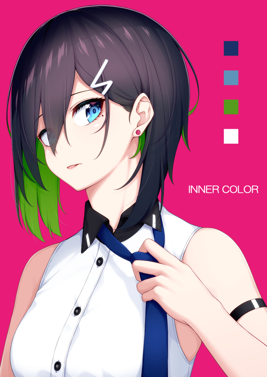 1girl absurdres bare_shoulders black_hair blue_eyes blue_neckwear breasts buttons earrings green_hair hair_ornament hair_over_one_eye hairclip highres jewelry looking_at_viewer medium_hair mole mole_under_eye multicolored_hair necktie ochiai_miyabi original pink_background shirt sleeveless small_breasts solo two-tone_hair upper_body white_shirt