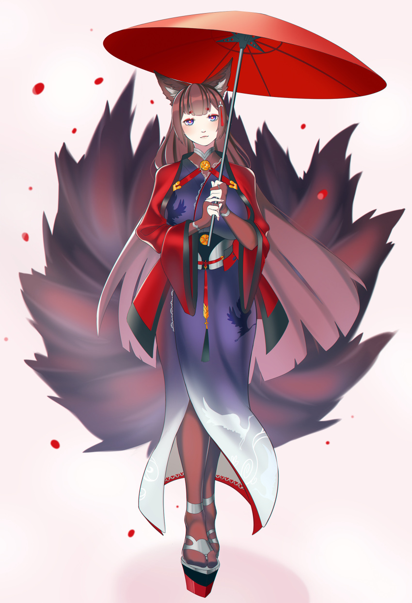 1girl absurdres amagi_(azur_lane) animal_ears azur_lane bangs blunt_bangs breasts brown_hair choker coat fox_ears hair_ornament highres holding holding_umbrella japanese_clothes kimono kitsune large_breasts long_hair multiple_tails oriental_umbrella solo tail thick_eyebrows umbrella violet_eyes wide_sleeves