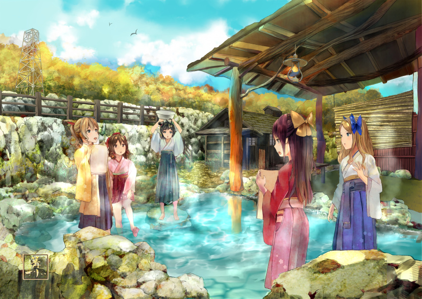 5girls ahoge arms_up asakaze_(kantai_collection) autumn barefoot bird black_hair bow brown_eyes brown_hair bucket butterfly_hair_ornament clouds commentary drill_hair fence hair_bow hair_ornament hakama harukaze_(kantai_collection) hat hatakaze_(kantai_collection) highres japanese_clothes kamikaze_(kantai_collection) kantai_collection kobaman_annwn lantern light_brown_hair long_hair matsukaze_(kantai_collection) mini_hat multiple_girls obi onsen open_mouth outdoors purple_hair rock sash signature sky towel tree twin_drills water