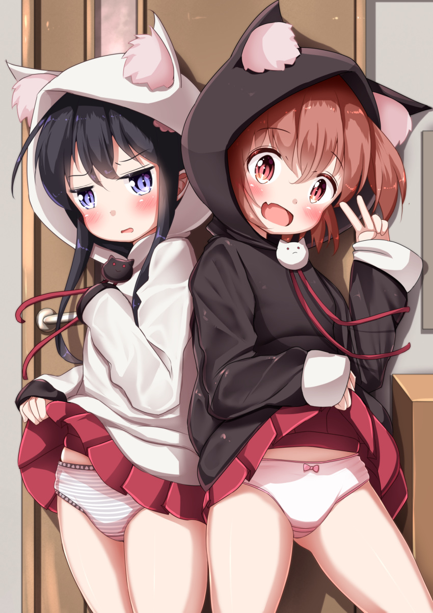 2girls :d animal_ear_fluff animal_ears animal_hood bangs black_hair black_hoodie blush bow bow_panties brown_eyes brown_hair cat_ears cat_hood commentary_request door eyebrows_visible_through_hair hair_between_eyes hand_up head_tilt highres hood hood_up hoshino_hinata lifted_by_self long_hair long_sleeves looking_at_viewer mochiyuki multiple_girls open_mouth panties parted_lips pink_panties pleated_skirt red_skirt shirosaki_hana skirt skirt_lift sleeves_past_wrists smile striped striped_panties underwear v violet_eyes watashi_ni_tenshi_ga_maiorita! white_hoodie