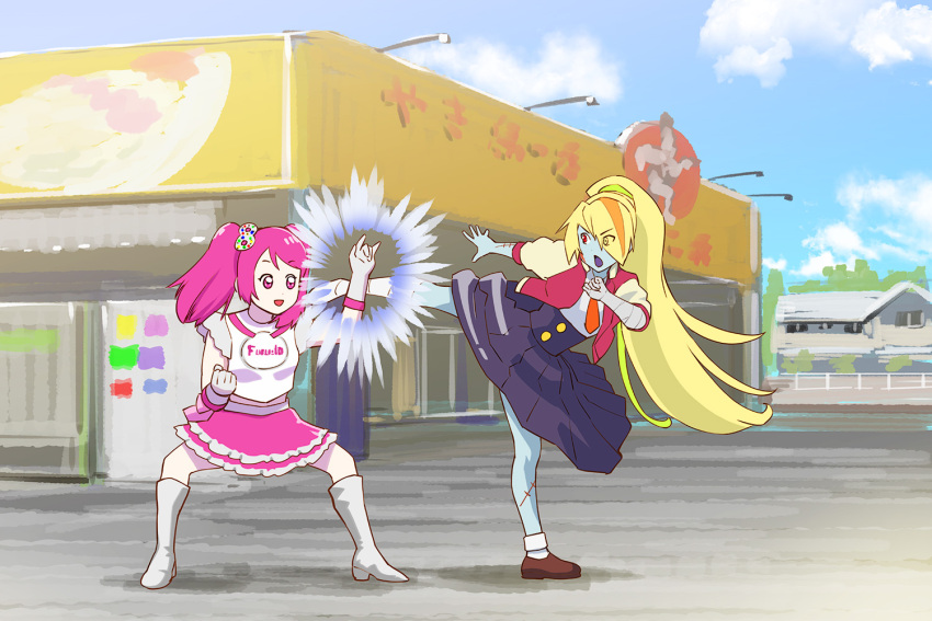 2girls :d blocking blonde_hair blue_skirt candy_hair_ornament clenched_hands drive-in_tori fighting fighting_stance food_themed_hair_ornament furuta_(company) furutan hair_ornament hair_over_one_eye jacket kicking long_hair long_skirt multicolored_hair multiple_girls nikaidou_saki open_clothes open_jacket open_mouth outdoors pink_eyes pink_skirt pleated_skirt ponytail skirt smile streaked_hair twintails ueyama_michirou zombie_land_saga