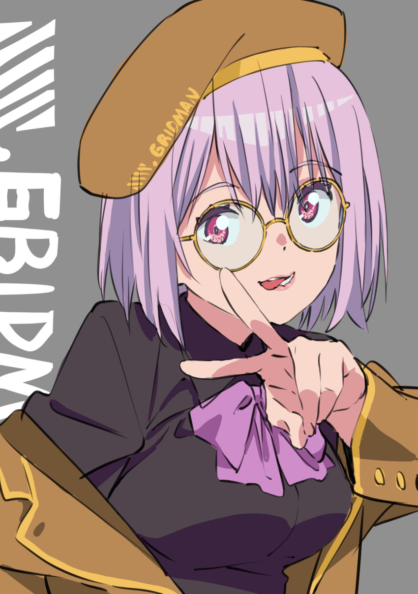 1girl bangs beret black_shirt bow coat glasses hat highres kengo lavender_hair looking_at_viewer off_shoulder purple_bow shinjou_akane shirt short_hair ssss.gridman tongue tongue_out upper_body v violet_eyes