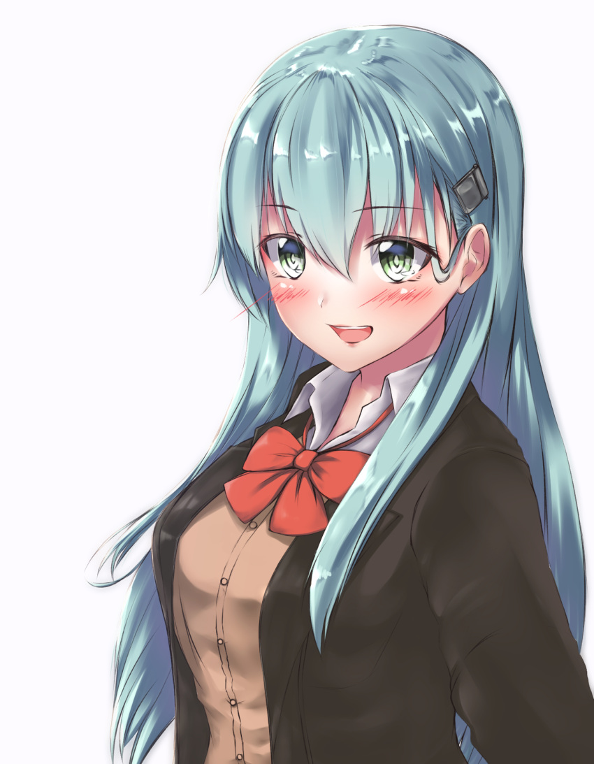 1girl :d aqua_eyes aqua_hair blush bow bowtie breasts cardigan eyebrows_visible_through_hair hair_ornament hairclip highres jacket kantai_collection large_breasts long_hair open_mouth remodel_(kantai_collection) saplus school_uniform simple_background smile solo suzuya_(kantai_collection) upper_body white_background