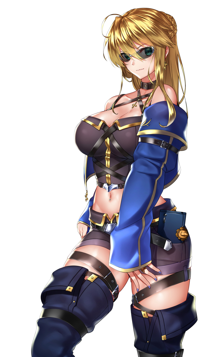 1girl absurdres ahoge artoria_pendragon_(all) artoria_pendragon_(lancer) bangs bare_shoulders belt blue_jacket blue_legwear blush braid breasts choker cleavage closed_mouth collarbone crop_top earrings fate/grand_order fate_(series) french_braid green_eyes grey_shorts hair_between_eyes highres jacket jewelry kai_(pixiv12466647) large_breasts long_hair looking_at_viewer midriff navel open_clothes open_jacket shorts sidelocks simple_background smile solo thigh_strap thighs white_background