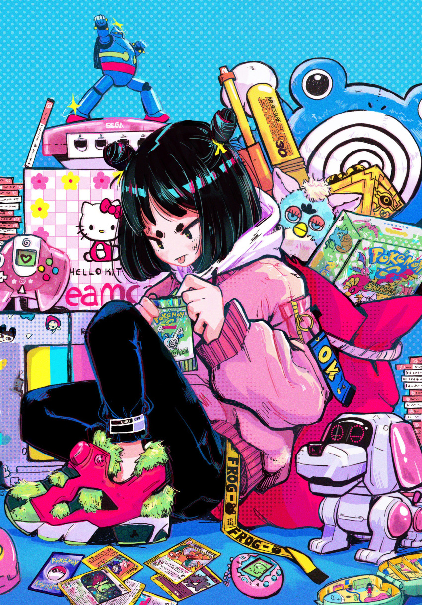 1girl absurdres bangs black_hair black_pants character_request copyright_name copyright_request creatures_(company) crisalys drawstring furby game_freak gen_1_pokemon heart hello_kitty hello_kitty_(character) highres hood hoodie long_sleeves medium_hair millennium_puzzle nintendo original pants pink_hoodie pokemon pokemon_card poliwhirl red_footwear robot shoes spiral tetsujin_28 tetsujin_28-gou tongue tongue_out yu-gi-oh! yuu-gi-ou yuu-gi-ou_duel_monsters