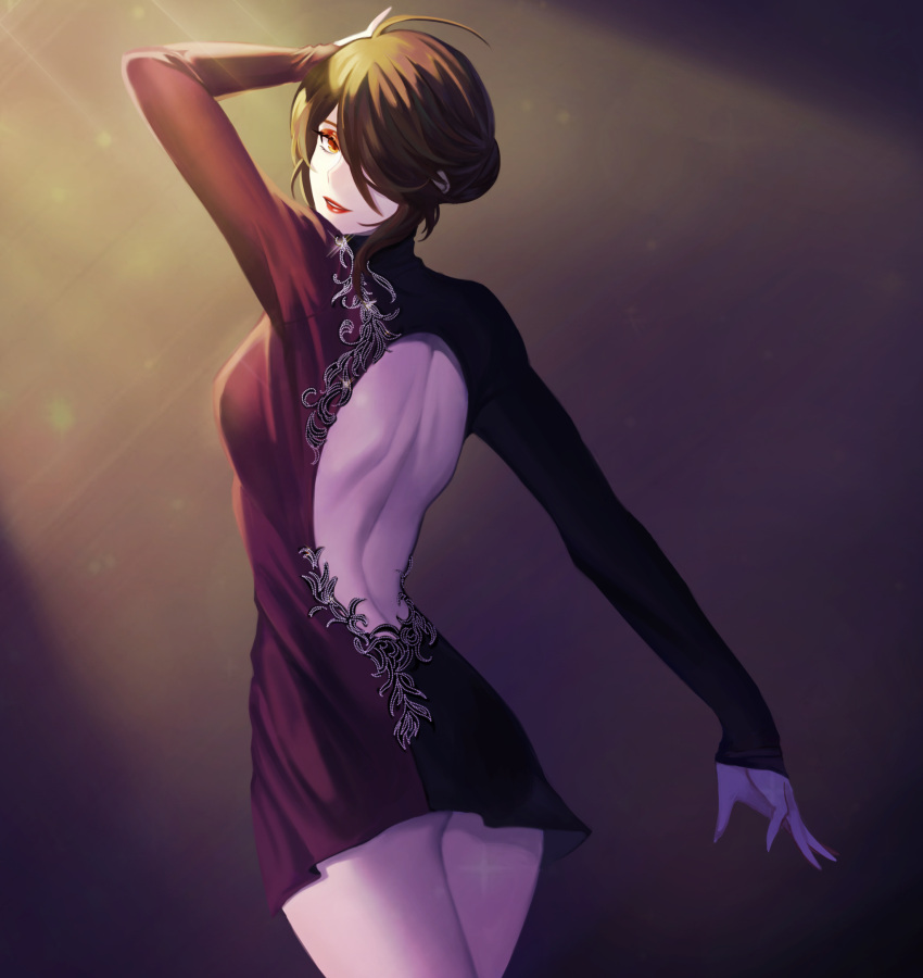 1girl ara_han arm_up backless_dress backless_outfit backlighting black_dress brown_hair cowboy_shot dress elsword from_behind hair_over_one_eye highres looking_at_viewer looking_back on_(isk1812) short_dress short_hair_with_long_locks sidelocks solo sparkle standing