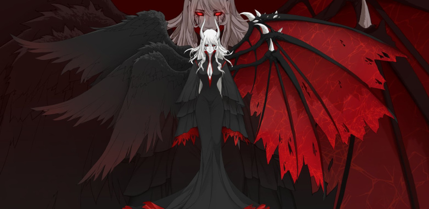 1girl alternate_wings angel_wings bat_wings bird_wings black_hair black_sclera black_wings breasts cleavage commentary demon_wings dishwasher1910 dragon_wings dress english_commentary facial_mark feathered_wings forehead_mark glowing horn horns jewelry large_breasts large_wings long_hair looking_at_viewer multiple_wings red_eyes rwby salem_(rwby) smile solo veins white_hair white_skin wings zoom_layer