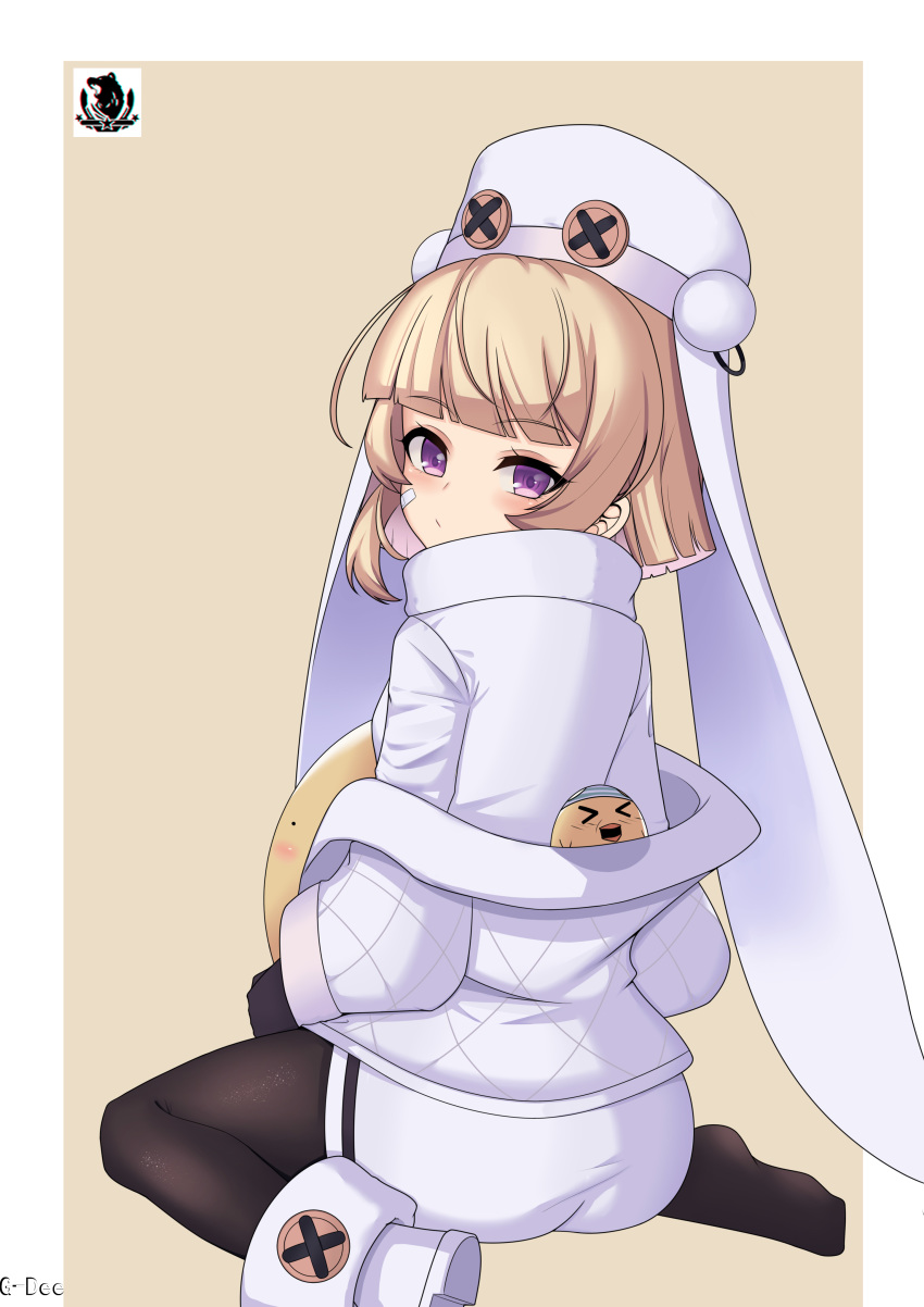 1girl absurdres azur_lane back black_gloves black_legwear blonde_hair blush closed_mouth coat eyebrows_visible_through_hair fur_trim gdee gloves grozny_(azur_lane) hat highres long_hair long_sleeves looking_at_viewer looking_back manjuu_(azur_lane) pantyhose short_shorts shorts sitting solo thighs violet_eyes white_headwear winter_clothes winter_coat