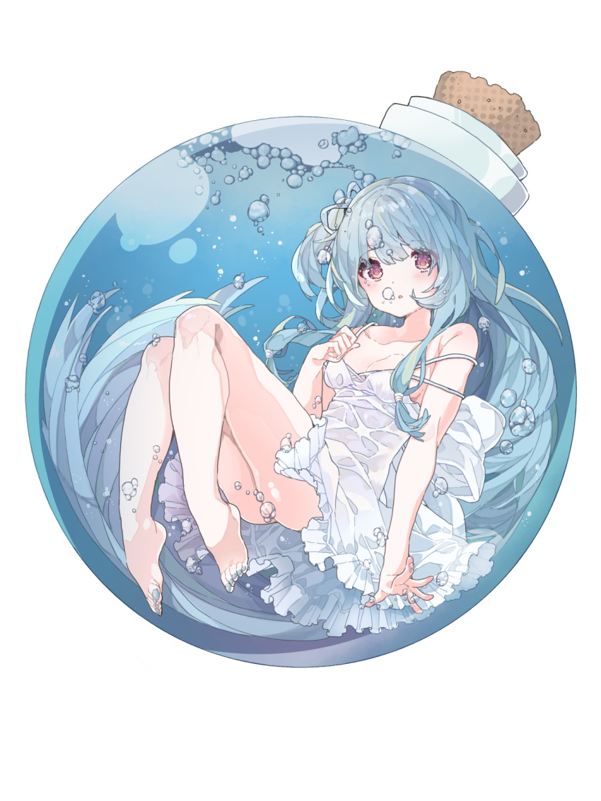 1girl air_bubble arm_at_side ass bangs bare_legs barefoot blue_hair blue_nails blush bottle breasts bubble cleavage collar cork dress eyebrows_visible_through_hair full_body highres in_bottle in_container knees_up konpe_itou kotonoha_aoi long_hair looking_at_viewer nail_polish simple_background sleeveless sleeveless_dress small_breasts solo strap_slip submerged sundress toenail_polish very_long_hair violet_eyes voiceroid water wet wet_clothes wet_dress white_background