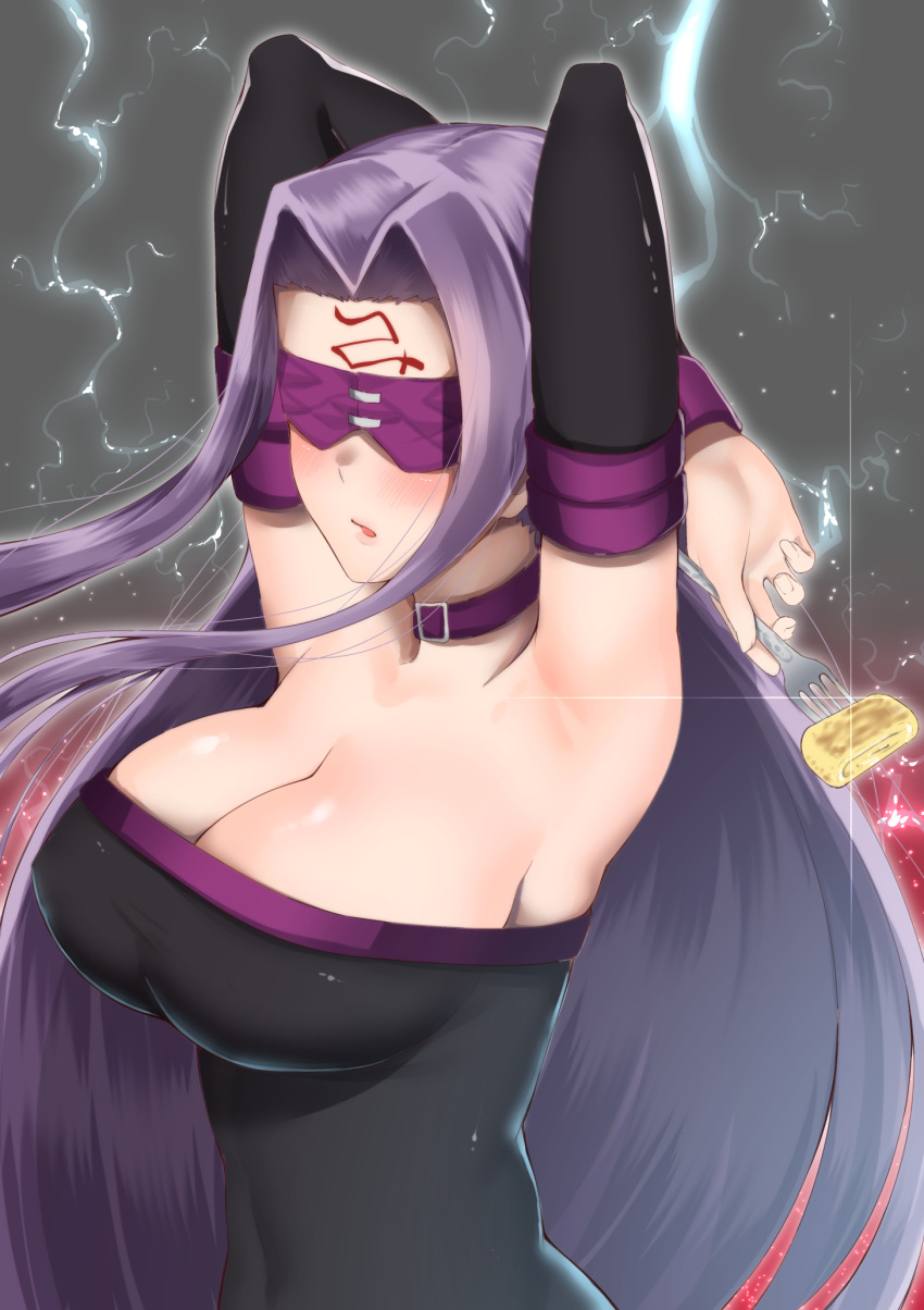 armpits arms_behind_head black_dress blindfold blush breasts choker cleavage crossed_arms detached_sleeves dress electricity facial_mark facing_viewer fate/stay_night fate_(series) food forehead_mark fork highres kitajima_yuuki large_breasts long_hair parted_lips purple_choker purple_hair rider sleeveless sleeveless_dress very_long_hair