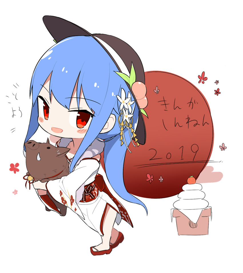 1girl 2019 :d alternate_costume animal bangs bare_shoulders black_hat blue_hair blush boar chibi collarbone comic commentary_request detached_sleeves eyebrows_visible_through_hair food fruit full_body hat highres hinanawi_tenshi holding holding_animal japanese_clothes kimono leaf long_hair long_sleeves looking_at_viewer neropaso obi open_mouth peach red_eyes red_footwear red_sash sandals sash side_slit sidelocks simple_background smile solo standing touhou translated very_long_hair white_background white_kimono wide_sleeves