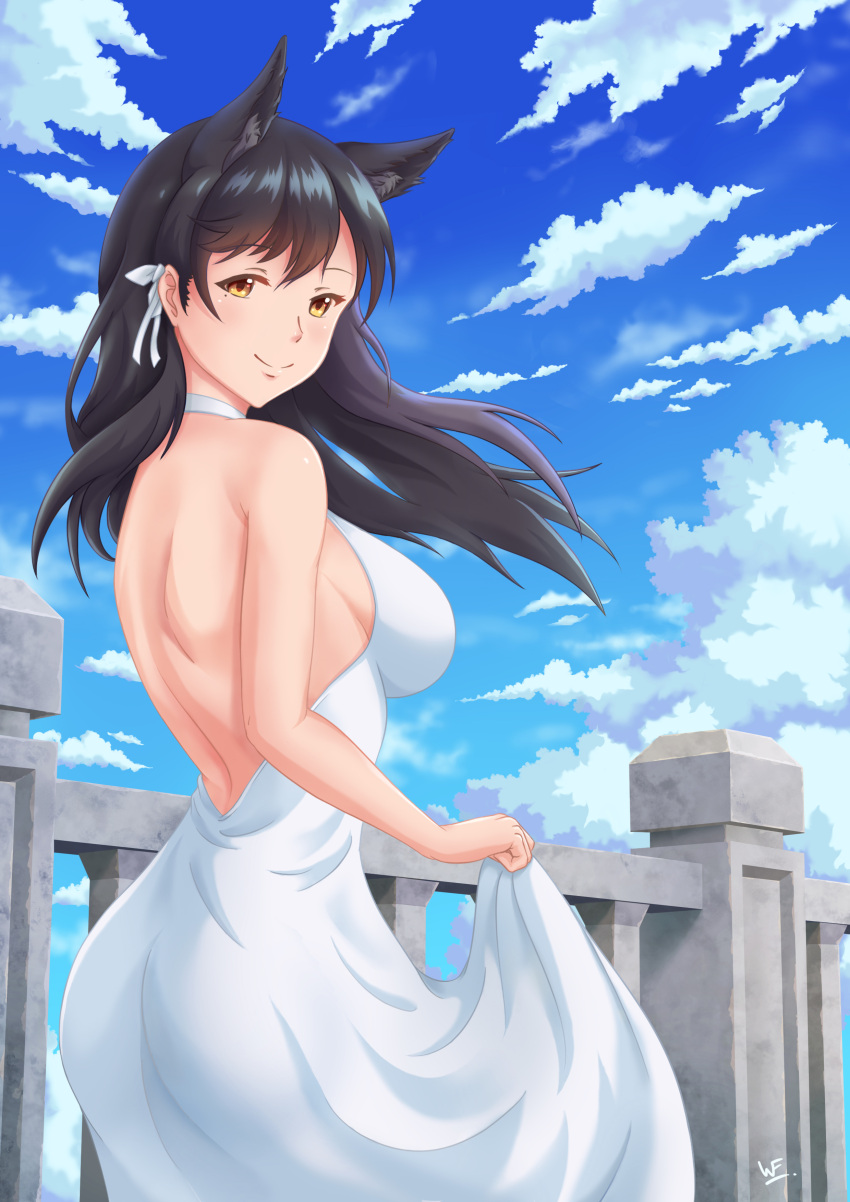 1girl absurdres animal_ears atago_(azur_lane) azur_lane backless_dress backless_outfit bangs black_hair breasts brown_eyes closed_mouth clouds cloudy_sky commentary_request cowboy_shot day dress extra_ears eyebrows_visible_through_hair highres holding_dress initial large_breasts mole mole_under_eye outdoors railing ribbon sky smile swept_bangs watermelonfield white_dress white_ribbon