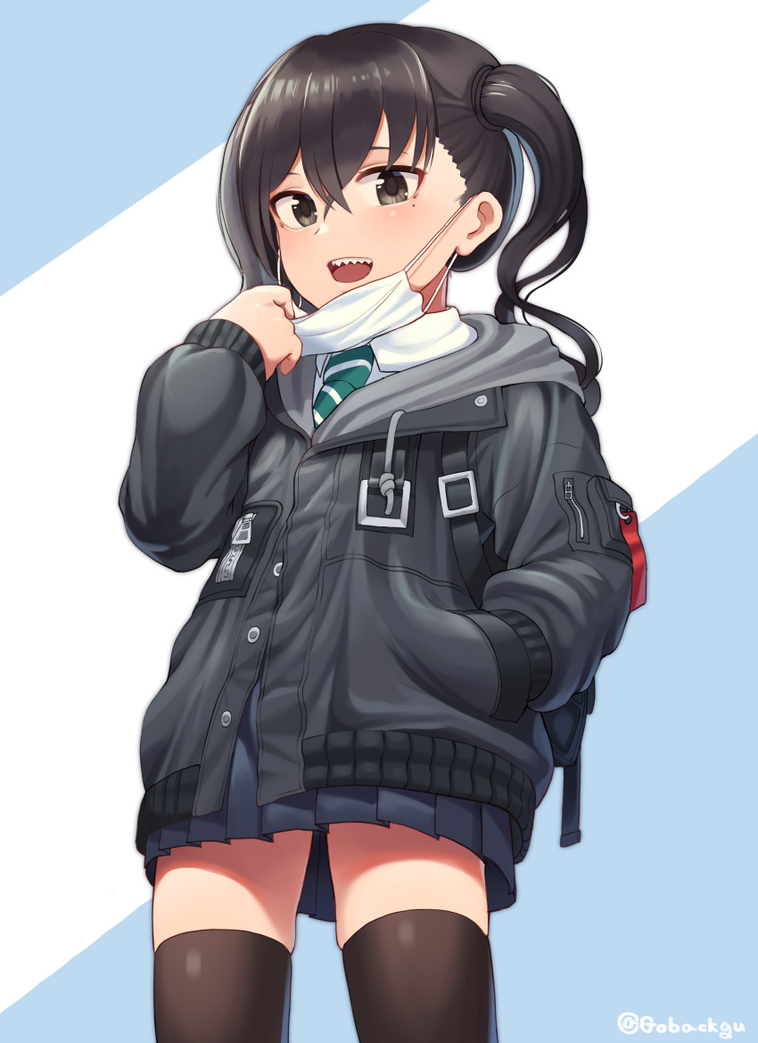 1girl :d absurdres bangs black_hair black_jacket black_skirt blue_background brown_eyes brown_legwear collared_shirt commentary_request cowboy_shot goback green_neckwear hair_between_eyes hand_in_pocket hand_up highres hood hood_down hooded_jacket idolmaster idolmaster_cinderella_girls jacket legs_apart long_hair long_sleeves looking_at_viewer mask_pull miniskirt mole mole_under_eye necktie open_mouth pleated_skirt school_uniform sharp_teeth shirt skirt smile solo standing striped striped_neckwear sunazuka_akira surgical_mask teeth thigh-highs twintails twitter_username two-tone_background upper_teeth wavy_hair white_background white_shirt zettai_ryouiki