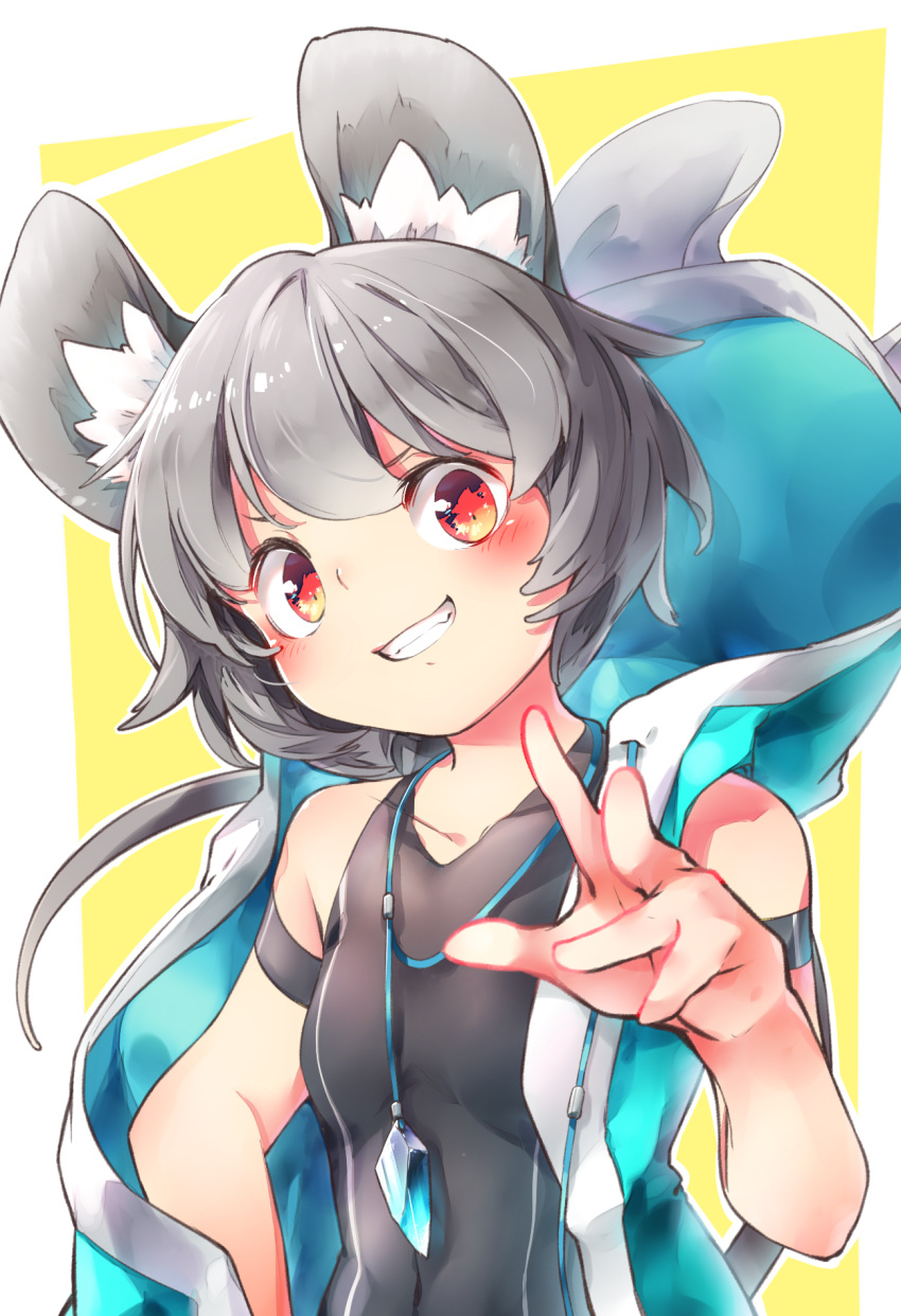 1girl alternate_costume animal_ears arm_at_side armband bangs bare_shoulders collarbone commentary_request competition_swimsuit drawstring grey_hair grin hand_up head_tilt highres hood hood_down hoodie jewelry kibayashi_kimori looking_at_viewer mouse_ears nazrin one-piece_swimsuit open_clothes open_hoodie pendant red_eyes short_hair sleeveless sleeveless_hoodie smile solo swept_bangs swimsuit swimsuit_under_clothes tail touhou traditional_media upper_body v-shaped_eyebrows watercolor_(medium)