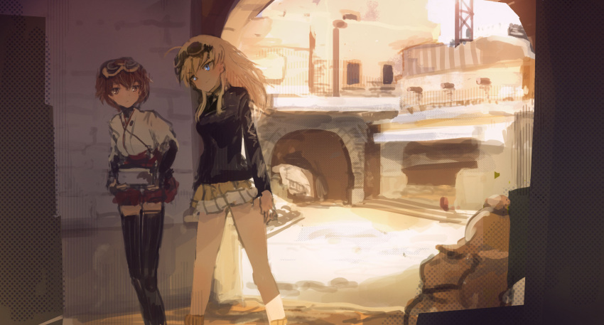 backlighting blonde_hair blue_eyes blurry brown_eyes brown_hair city frown goggles goggles_on_head hakama_skirt hanna-justina_marseille highres jacket kabuyama_kaigi katou_keiko leather leather_jacket long_hair looking_to_the_side outdoors pleated_skirt short_hair sketch skirt smile thigh-highs uniform walking world_witches_series zettai_ryouiki