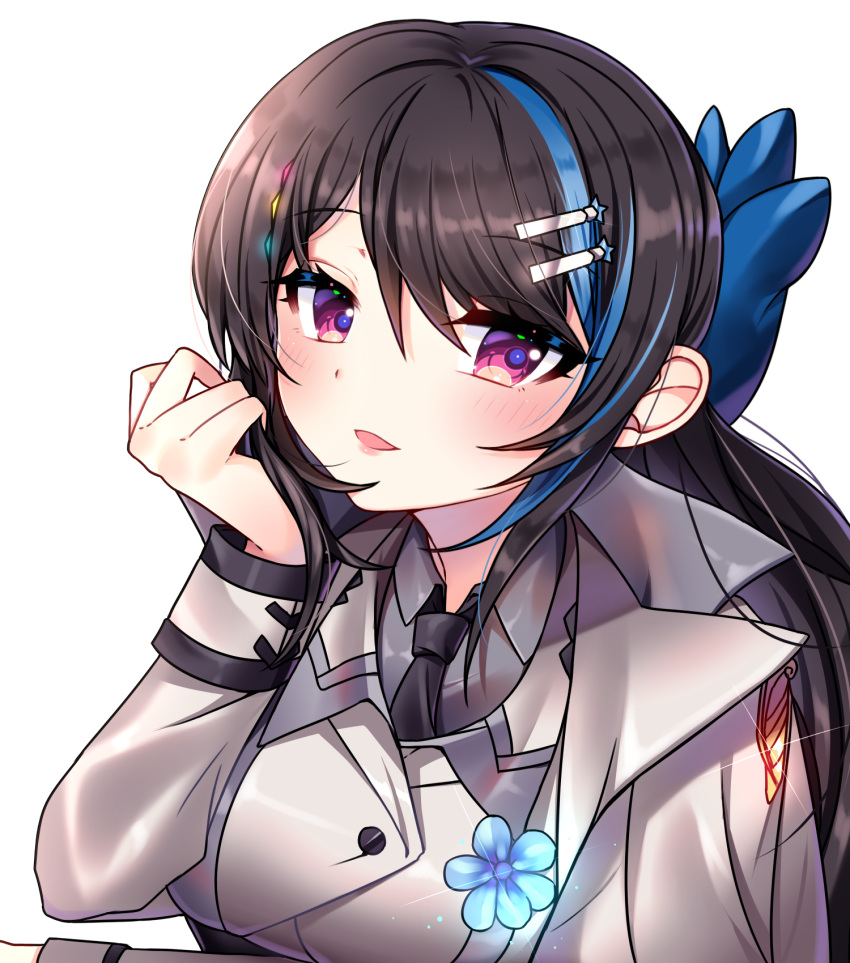 1girl arm_under_breasts bangs black_neckwear blue_bow blue_flower blue_hair blush bow breast_hold breasts brown_hair collared_shirt commentary english_commentary eyebrows_visible_through_hair flower girls_frontline grey_jacket grey_shirt hair_between_eyes hair_bow hair_ornament hairclip hand_up highres jacket jericho_(girls_frontline) large_breasts long_hair looking_at_viewer multicolored_hair necktie parted_lips red_eyes shirt simple_background smile solo streaked_hair upper_body white_background xes_(xes_5377)