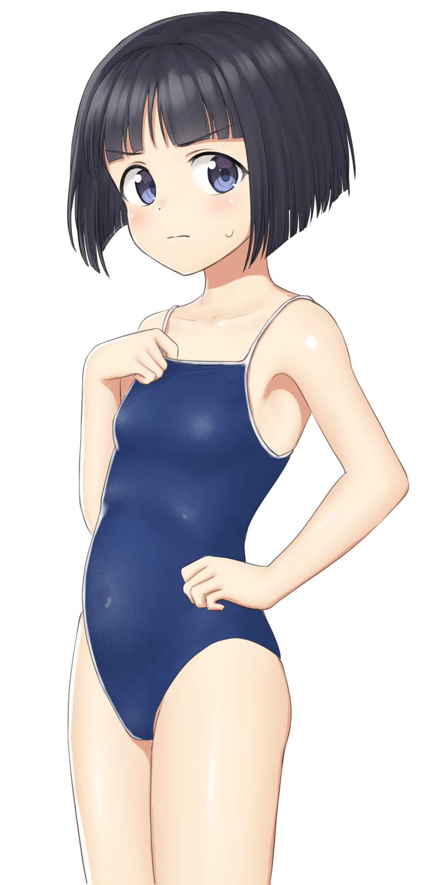 1girl absurdres armpits bangs black_hair blue_eyes blunt_bangs blush bob_cut breasts closed_mouth collarbone covered_navel girls_und_panzer groin highres looking_at_viewer looking_to_the_side nyarukac short_hair simple_background small_breasts solo sono_midoriko standing sweat swimsuit swimwear white_background