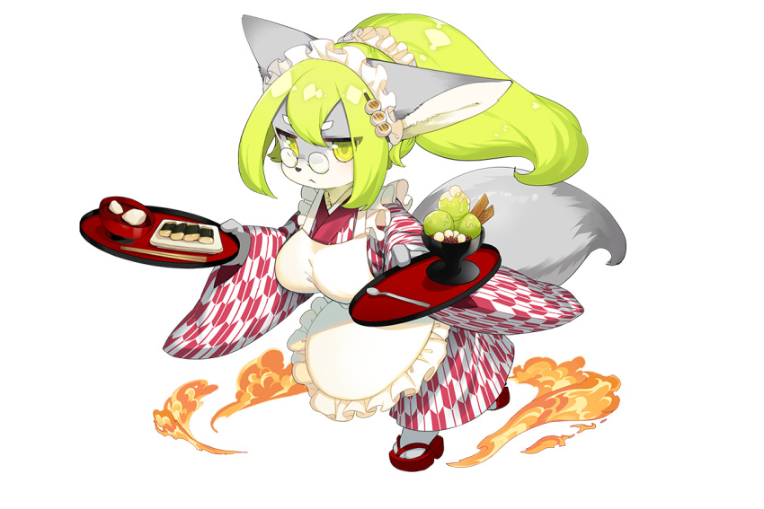 1girl animal_ears apron full_body fullbokko_heroes furry green_eyes green_hair hair_ornament holding holding_tray jitome kishibe long_sleeves maid_apron maid_headdress official_art rimless_eyewear round_eyewear sandals solo sorbet_(food) tail tray