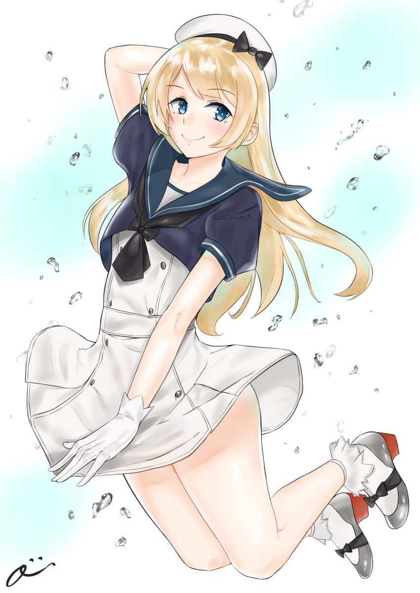 1girl bangs beret blonde_hair blue_eyes blue_sailor_collar blush c-da dress eyebrows_visible_through_hair gloves hat highres jervis_(kantai_collection) kantai_collection long_hair mary_janes sailor_collar sailor_dress sailor_hat shoes signature simple_background smile solo thighs water white_gloves white_hat