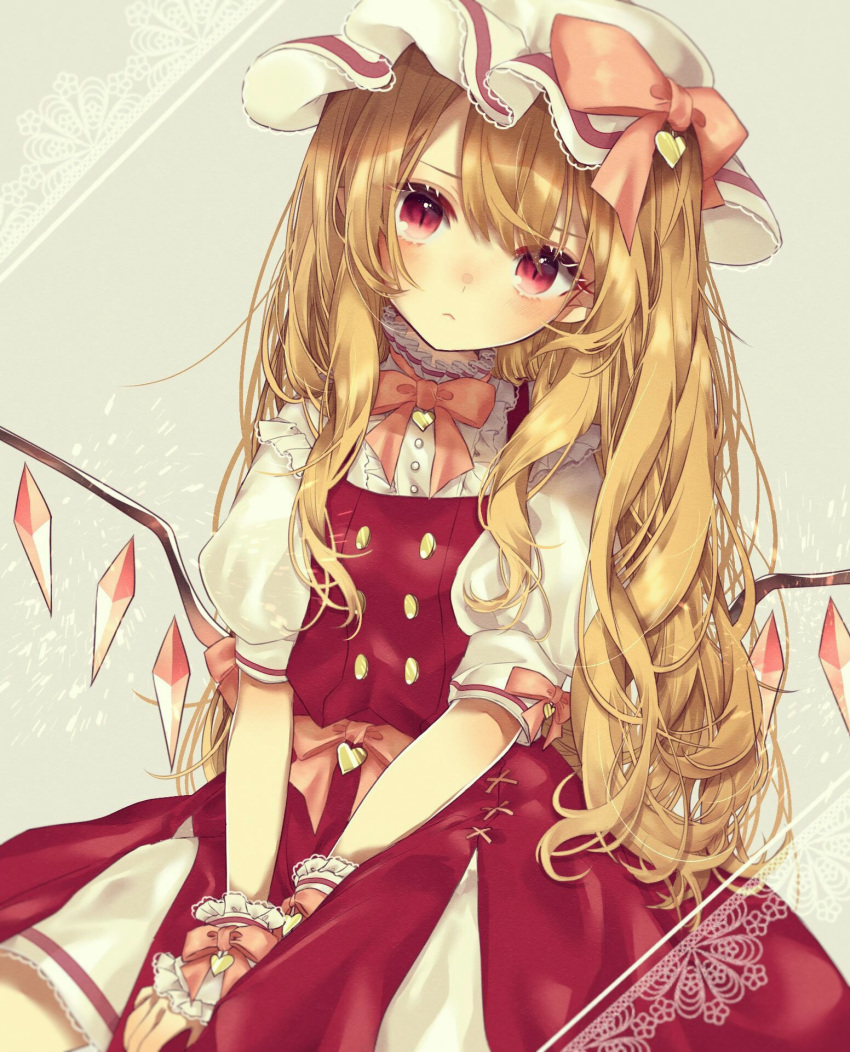 1girl :&lt; adapted_costume alternate_hair_length alternate_hairstyle blonde_hair blush bow bowtie center_frills closed_mouth commentary_request crystal flandre_scarlet frilled_shirt frills grey_background hat hat_bow head_tilt heart highres long_hair mob_cap pink_bow pink_neckwear puffy_short_sleeves puffy_sleeves red_eyes red_skirt shirt short_sleeves sitting skirt solo touhou very_long_hair white_hat white_shirt wings wrist_cuffs yedan
