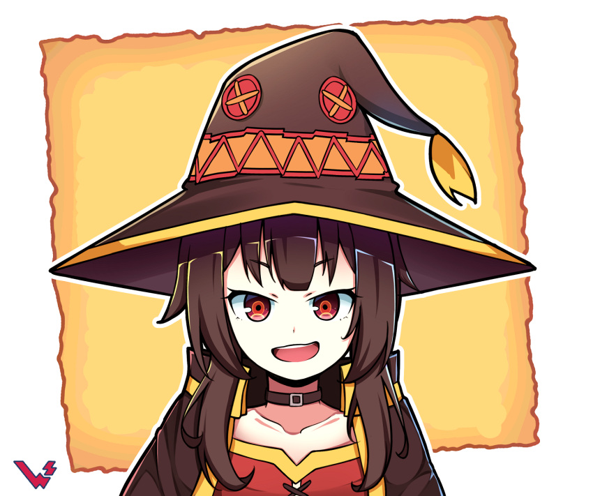 1girl :d brown_hair button_eyes cape collar collarbone commentary_request eyebrows_visible_through_hair face hat highres kono_subarashii_sekai_ni_shukufuku_wo! long_hair looking_at_viewer megumin open_mouth outline portrait red_eyes smile solo v-shaped_eyebrows white_outline witch_hat yukohari