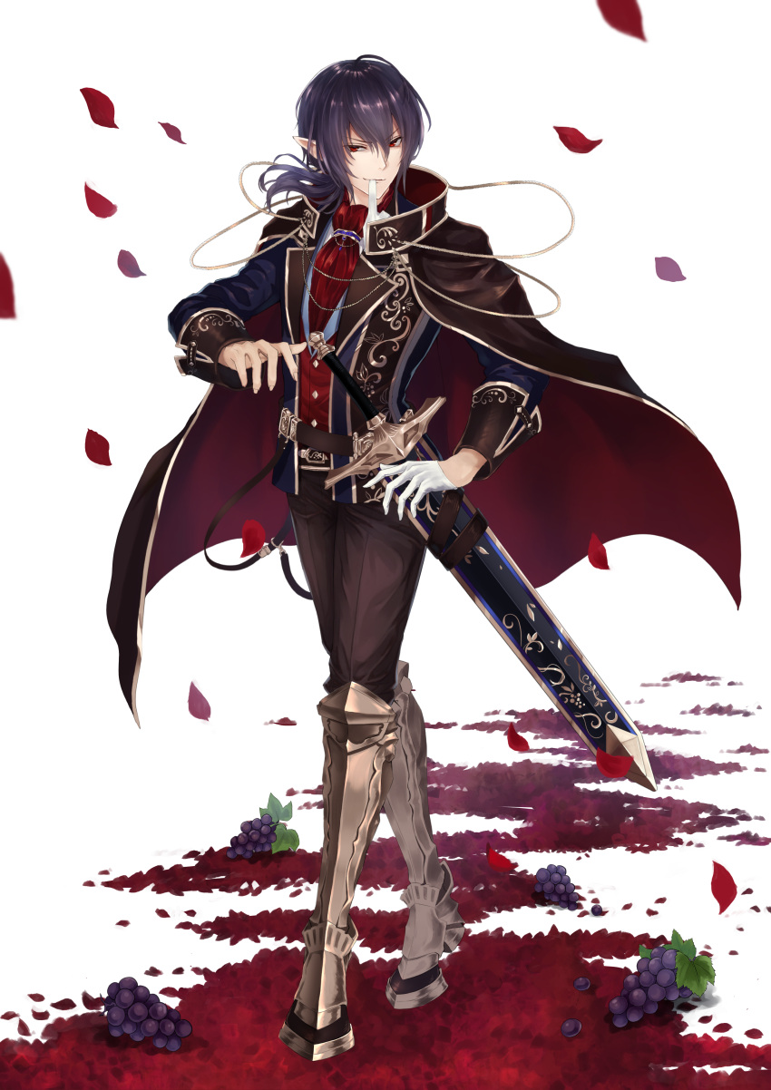 1boy absurdres armored_boots belt black_hair black_pants boots cape food food_fantasy fruit full_body gloves gloves_removed grapes highres long_sleeves looking_at_viewer male_focus mouth_hold nyaon_oekaki pants personification petals pointy_ears red_cape red_eyes red_neckwear red_wine_(food_fantasy) sheath sheathed single_glove smirk solo standing sword vest weapon white_gloves