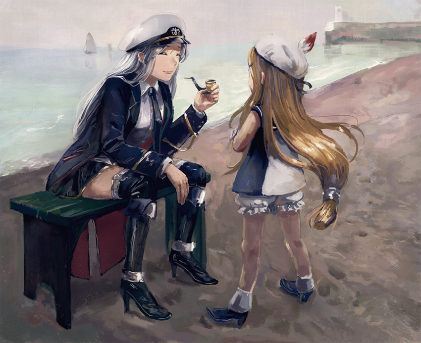 2girls amibazh azur_lane beach bench blonde_hair bloomers blurry boat boots charles_ausburne_(azur_lane) child closed_eyes crossed_arms depth_of_field enterprise_(azur_lane) faux_traditional_media gloves hat hat_feather high_heels horizon knee_boots lighthouse long_hair low-tied_long_hair multiple_girls necktie ocean peaked_cap pier pipe sailboat sailor_collar sailor_hat silver_hair sitting skirt sky sleeveless smile texture thigh-highs underwear uniform watercraft white_gloves