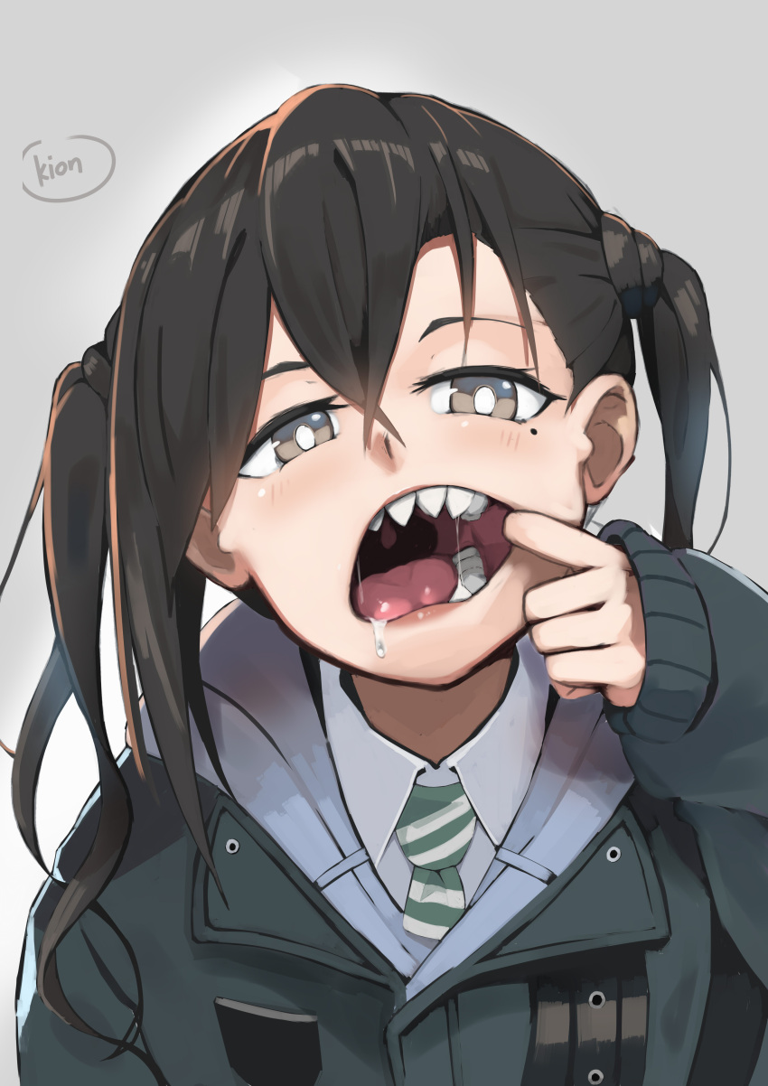 1girl absurdres artist_name brown_eyes brown_hair commentary english_commentary grey_background hair_between_eyes highres idolmaster idolmaster_cinderella_girls jacket kion-kun long_hair looking_at_viewer mole mole_under_eye mouth_pull necktie no_mask open_mouth saliva sharp_teeth simple_background sleeves_past_wrists solo sunazuka_akira teeth twintails upper_body