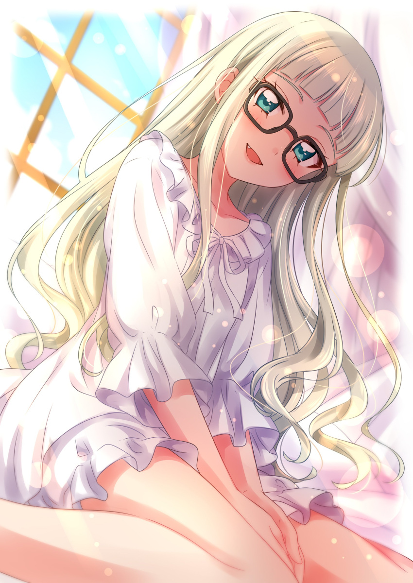 1girl :d absurdres aikatsu! aikatsu!_(series) bangs black-framed_eyewear blonde_hair blue_eyes blunt_bangs blurry blurry_background blush commentary_request dated day depth_of_field dress fang glasses head_tilt highres indoors lens_flare light_rays long_hair long_sleeves looking_at_viewer open_mouth sekina signature sitting smile solo toudou_yurika very_long_hair wariza white_dress