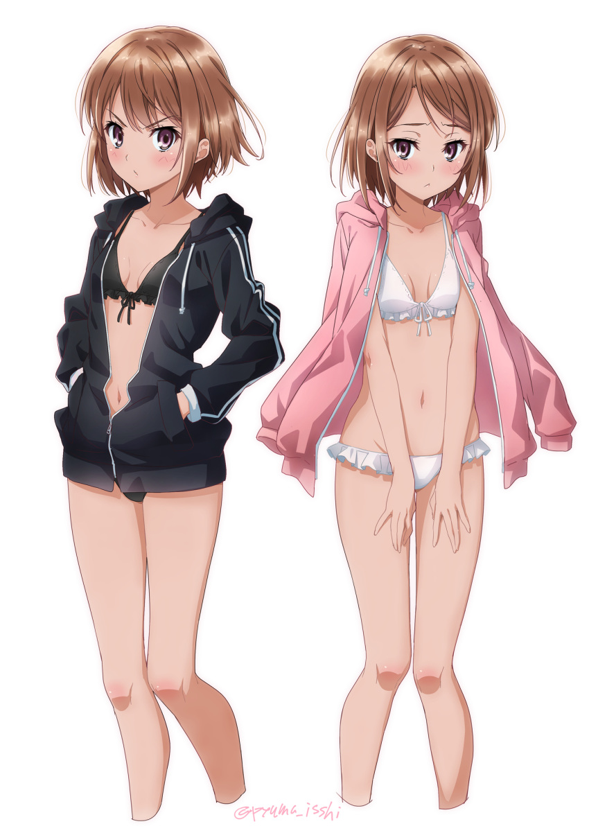 2girls :&lt; artist_name bikini black_bikini blush breasts brown_eyes cropped_legs front-tie_bikini front-tie_top hands_in_pockets highres hood hooded_jacket hoodie jacket jacket_on_shoulders looking_at_viewer multiple_girls navel open_clothes open_jacket original partially_unzipped puma_(hyuma1219) short_hair siblings simple_background sisters small_breasts swimsuit twitter_username v-shaped_eyebrows white_background white_bikini