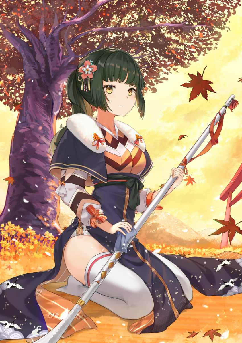 1girl animal_print autumn_leaves bangs bird_print blue_capelet breasts capelet closed_mouth expressionless eyebrows_visible_through_hair flower food_fantasy fur_collar grass green_hair hair_flower hair_ornament highres holding holding_weapon japanese_clothes leaf long_hair long_sleeves looking_at_viewer maple_leaf mosta_(lo1777789) mountain naginata no_shoes outdoors pelvic_curtain pink_flower polearm puffy_sleeves seigaiha seiza side_slit sidelocks sitting sky small_breasts solo tassel thigh-highs thighs torii tree weapon white_legwear yellow_eyes