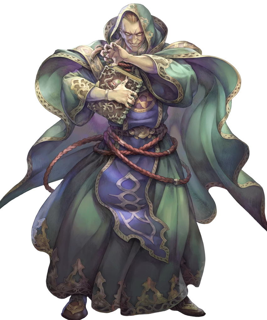 1boy belt book boots bracelet brown_hair cape fire_emblem fire_emblem:_mystery_of_the_emblem fire_emblem_heroes full_body gharnef haccan highres hood jewelry long_hair male_focus nail_polish nintendo official_art ring solo teeth transparent_background yellow_eyes