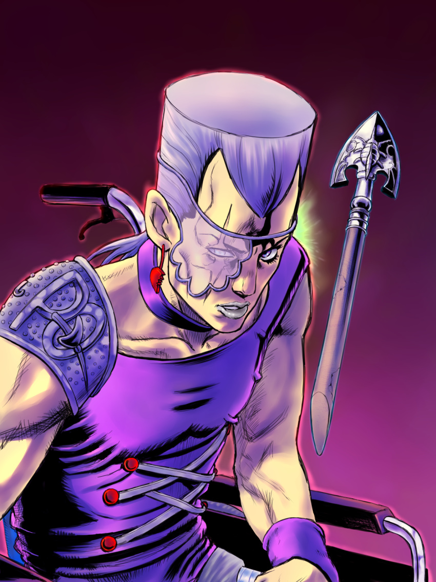 1boy arrow asymmetrical_clothes choker earrings eyepatch highres jean_pierre_polnareff jewelry jojo_no_kimyou_na_bouken keiimajima02 lipstick makeup male_focus purple_hair scar scar_across_eye shoulder_pads silver_lipstick sitting solo upper_body vento_aureo violet_eyes wheelchair widow's_peak wristband