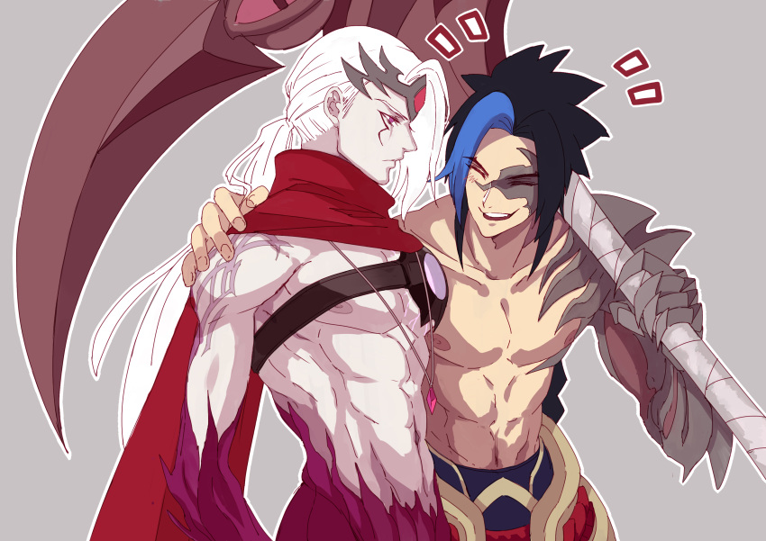 2boys absurdres aduan black_hair blue_hair blush circlet closed_eyes gem grey_background hand_on_shoulder highres holding holding_scythe holding_weapon jewelry kayn league_of_legends long_hair multicolored_hair multiple_boys necklace open_mouth ponytail red_eyes scythe simple_background smile tattoo varus violet_eyes weapon white_hair