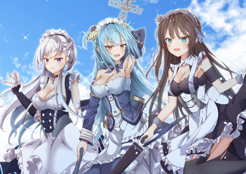 3girls :d apron aqua_eyes arm_behind_head arm_up armpits ass azur_lane bangs bare_shoulders belfast_(azur_lane) black_dress black_legwear blue_dress blue_hair blue_neckwear blue_ribbon blue_sky blush bow bowtie bracelet braid breasts brooch brown_hair buttons chains cleavage closed_mouth clouds cloudy_sky collar collarbone collared_dress commentary_request day detached_collar detached_sleeves diffraction_spikes double-breasted dress eyebrows_visible_through_hair floating_hair french_braid frilled_apron frilled_dress frills garter_straps gauntlets hair_ornament hair_ribbon half_updo headdress highres holding holding_umbrella holding_weapon jewelry juliet_sleeves large_breasts leg_up light_particles loli_ta1582 long_hair long_sleeves looking_at_viewer maid maid_apron maid_headdress mast medium_breasts multiple_girls neptune_(azur_lane) newcastle_(azur_lane) open_mouth outdoors polearm puffy_sleeves ribbon shell_casing sidelocks skirt_hold sky sleeveless sleeveless_dress smile striped striped_neckwear thigh-highs trident two_side_up umbrella underbust violet_eyes weapon white_apron white_hair white_legwear yellow_eyes