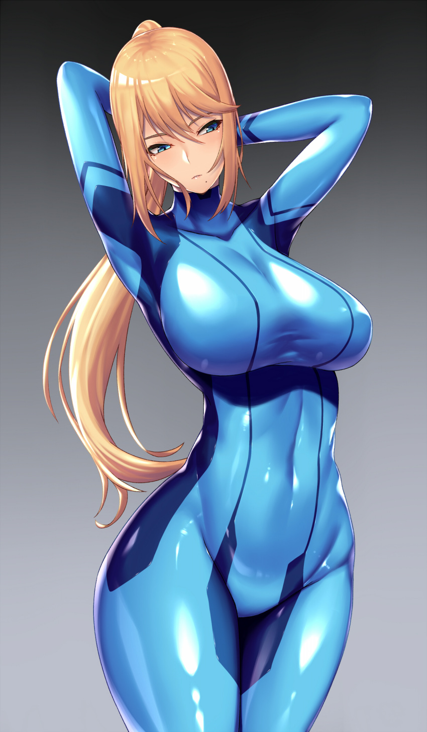 1girl alternate_breast_size arms_behind_head arms_up bangs blonde_hair blue_bodysuit blue_eyes blush bodysuit breasts commentary_request covered_navel cowboy_shot gradient gradient_background grey_background headphones highres impossible_bodysuit impossible_clothes large_breasts long_hair looking_away looking_down metroid mole mole_under_mouth ponytail samus_aran shiny shiny_clothes sidelocks skindentation solo super_smash_bros. super_smash_bros._ultimate takanashi-a zero_suit