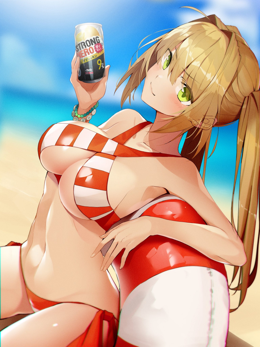 1girl ahoge bangs bare_shoulders beach bead_bracelet beads bikini blonde_hair blurry blurry_background blush bracelet breasts can cleavage closed_mouth collarbone criss-cross_halter eyebrows_visible_through_hair fate/extra fate/grand_order fate_(series) green_eyes hair_between_eyes hair_intakes halterneck highres innertube jewelry large_breasts long_hair looking_at_viewer melikecurry navel nero_claudius_(fate)_(all) nero_claudius_(swimsuit_caster)_(fate) red_bikini side-tie_bikini sitting smile solo striped striped_bikini swimsuit twintails