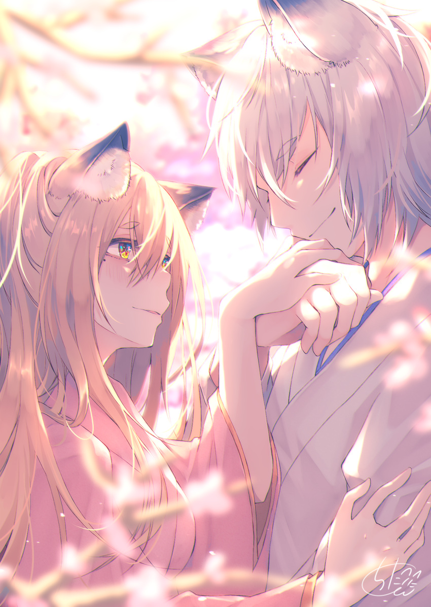 1boy 1girl animal_ear_fluff animal_ears blonde_hair blurry blurry_background blurry_foreground blush brown_hair chita_(ketchup) closed_eyes closed_mouth commentary_request depth_of_field fox_ears hands_together highres japanese_clothes kimono long_hair original parted_lips petals pink_eyes pink_kimono profile red_eyes short_sleeves signature silver_hair tree_branch upper_body white_background white_kimono wide_sleeves