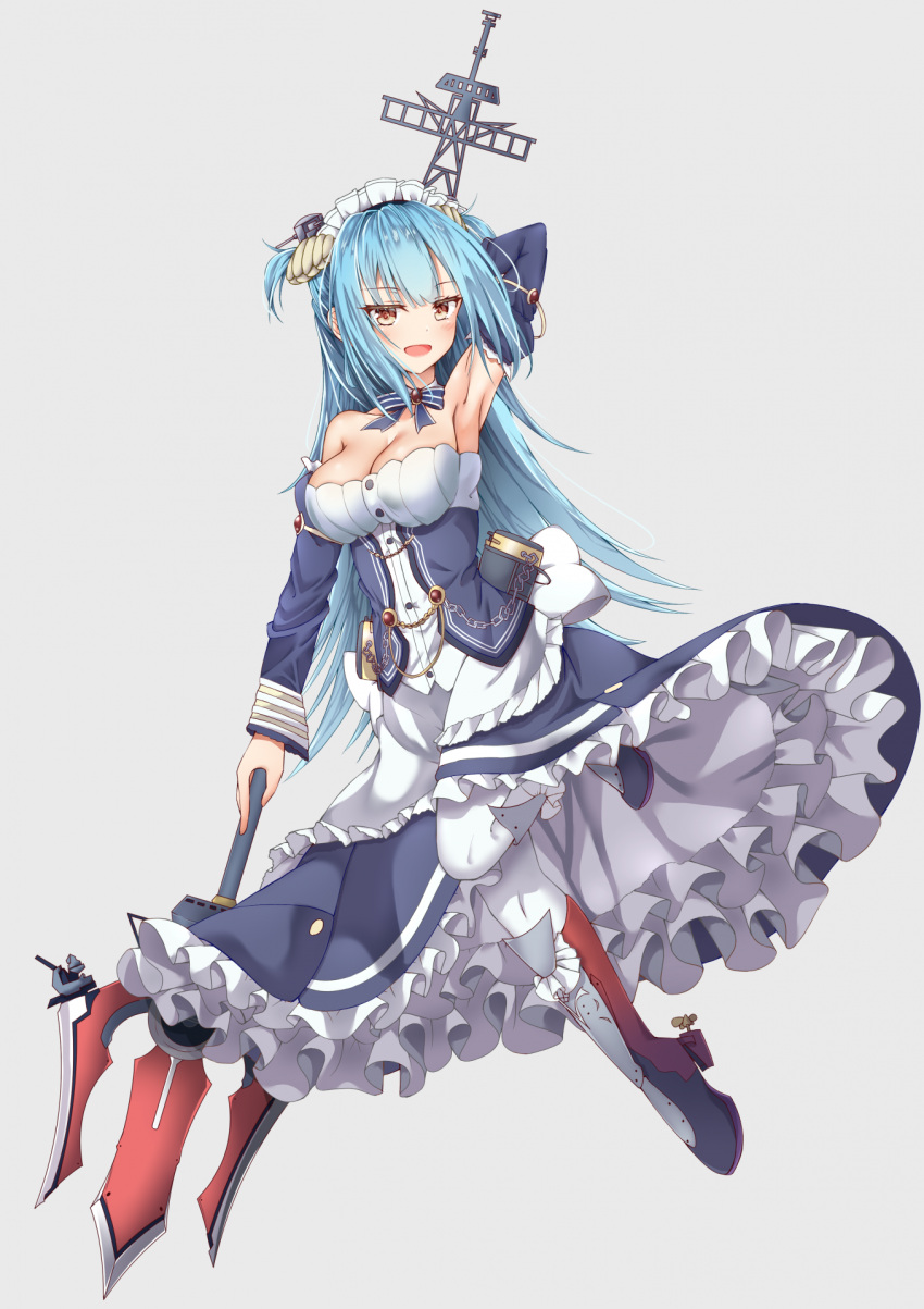 1girl :d apron arm_behind_head arm_up armpits azur_lane bangs bare_shoulders blue_dress blue_hair blue_neckwear blush boots bow bowtie breasts brooch buttons cleavage collarbone detached_collar detached_sleeves dress eyebrows_visible_through_hair frilled_apron frilled_dress frills full_body grey_background hair_ornament highres holding holding_weapon jewelry juliet_sleeves large_breasts leg_up loli_ta1582 long_hair long_sleeves looking_at_viewer maid maid_apron maid_headdress mast neptune_(azur_lane) open_mouth polearm puffy_sleeves rudder_footwear sidelocks simple_background smile solo striped striped_neckwear trident two_side_up underbust weapon white_apron white_legwear yellow_eyes