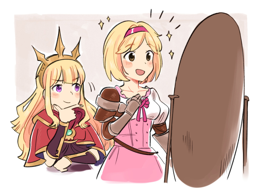 2girls ange_(angeban93) arm_guards armor bangs blonde_hair brown_eyes cagliostro_(granblue_fantasy) cape collarbone commission cropped_torso djeeta_(granblue_fantasy) gauntlets genderswap genderswap_(mtf) granblue_fantasy hairband hand_on_own_chin happy long_hair looking_at_another mirror multiple_girls open_mouth pink_hairband pink_ribbon puffy_sleeves red_cape ribbon short_hair smile sparkle tiara upper_body violet_eyes