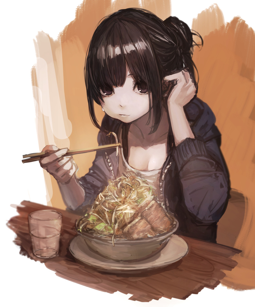 1girl absurdres adjusting_hair bangs black_eyes black_hair black_jacket bowl breasts chair cheek_bulge chopsticks cleavage closed_mouth collarbone commentary_request cup drinking_glass earrings food grey_shirt hair_bun hand_in_hair hand_up hashimoto_kokai highres holding holding_chopsticks jacket jewelry long_hair long_sleeves meat medium_breasts noodles open_clothes open_jacket original plate ramen shirt sitting sketch smile solo stud_earrings table upper_body