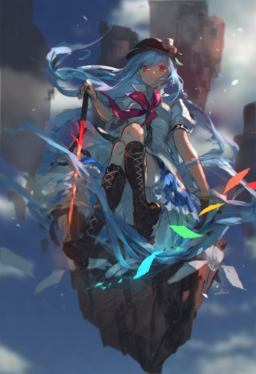 blouse blue_skirt boots breasts clouds crossed_legs flame_sword floating floating_island floating_rock food fruit hat highres hinanawi_tenshi legs_crossed long_hair looking_at_viewer medium_breasts peach petals red_eyes ribbon rock scarlet_weather_rhapsody short_sleeves sitting skirt sky swd3e2 sword sword_of_hisou touhou weapon white_blouse